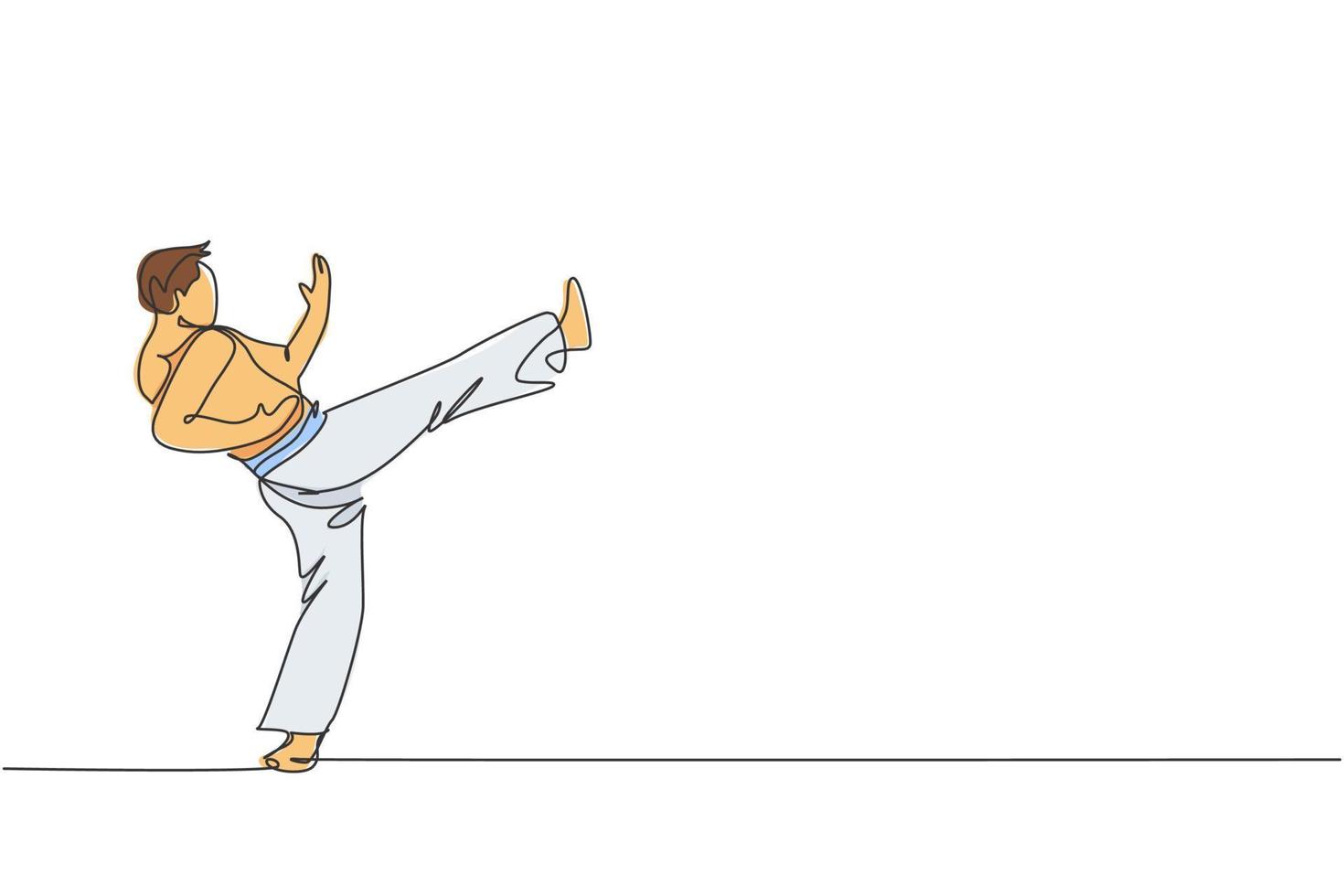 une ligne continue dessinant un jeune combattant brésilien sportif s'entraînant à la capoeira sur la plage. concept de sport de combat traditionnel sain. illustration vectorielle de dessin graphique à ligne unique dynamique vecteur