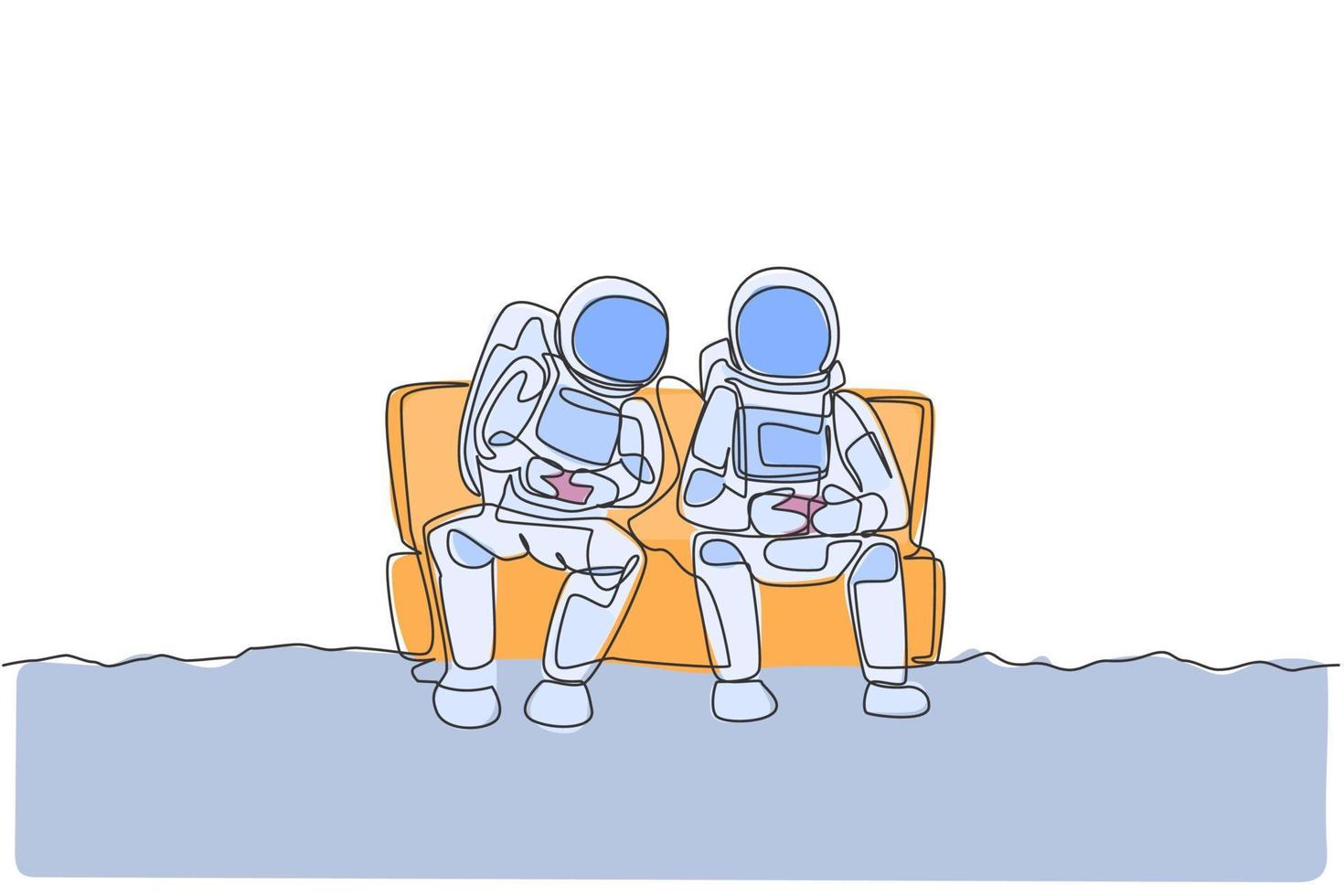 une seule ligne dessinant deux jeunes astronautes heureux assis sur un canapé et jouant à un jeu vidéo dans l'illustration graphique vectorielle de la surface de la lune. concept d'espace extra-atmosphérique de cosmonaute. conception de dessin de ligne continue moderne vecteur