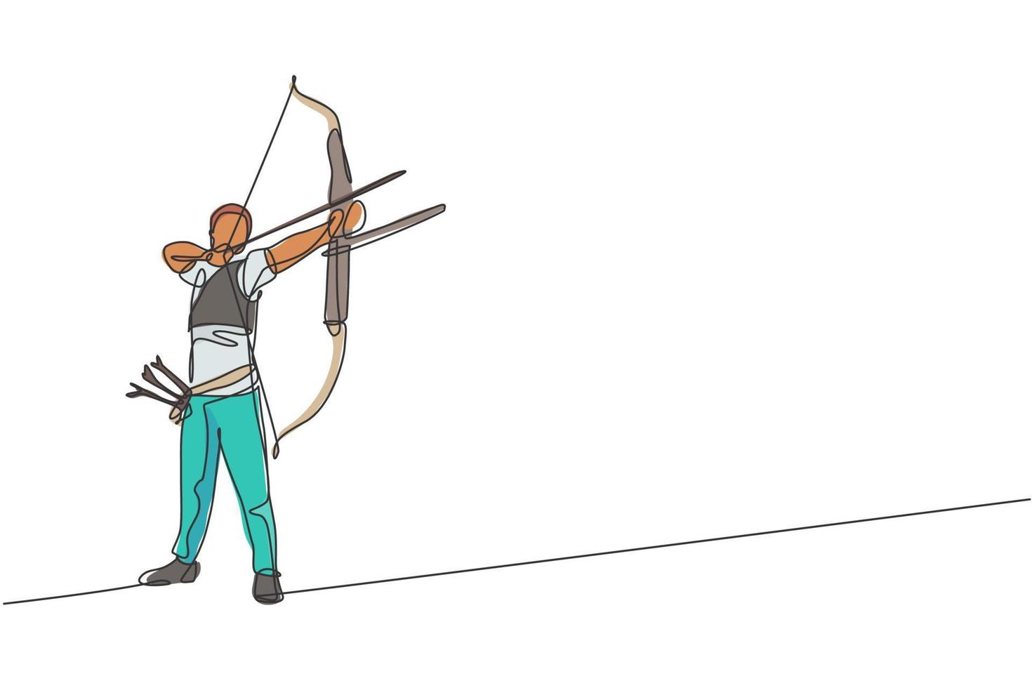 dessin en ligne continue d'un jeune archer professionnel se concentrant sur la cible de tir à l'arc. exercice de sport de tir à l'arc avec le concept d'arc. illustration graphique vectorielle de conception de dessin à une ligne à la mode vecteur