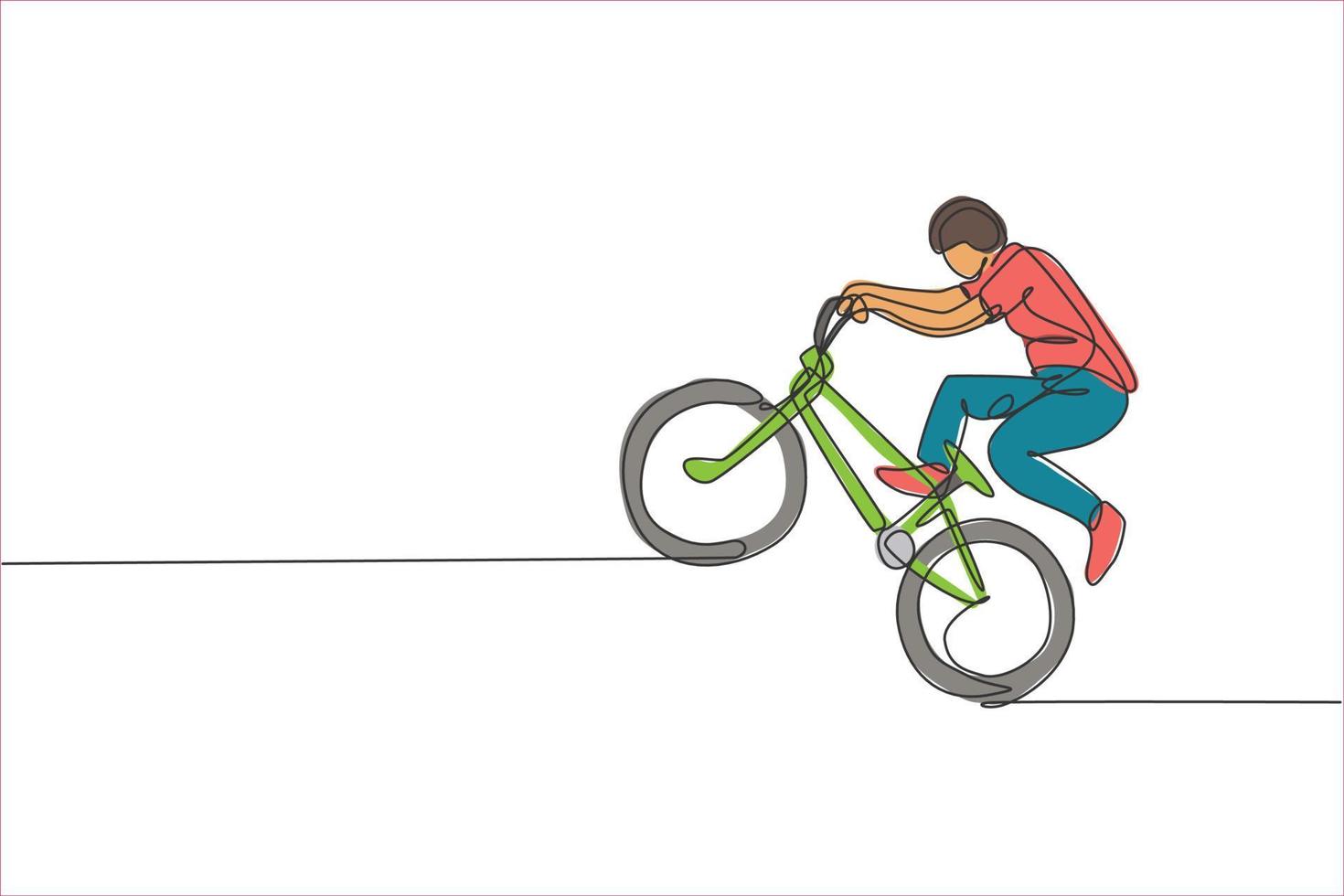 le dessin en ligne continue d'un jeune cycliste bmx montre une astuce extrêmement risquée dans le skatepark. concept de bmx freestyle. illustration vectorielle de dessin à la mode à une ligne pour les médias de promotion de style libre vecteur