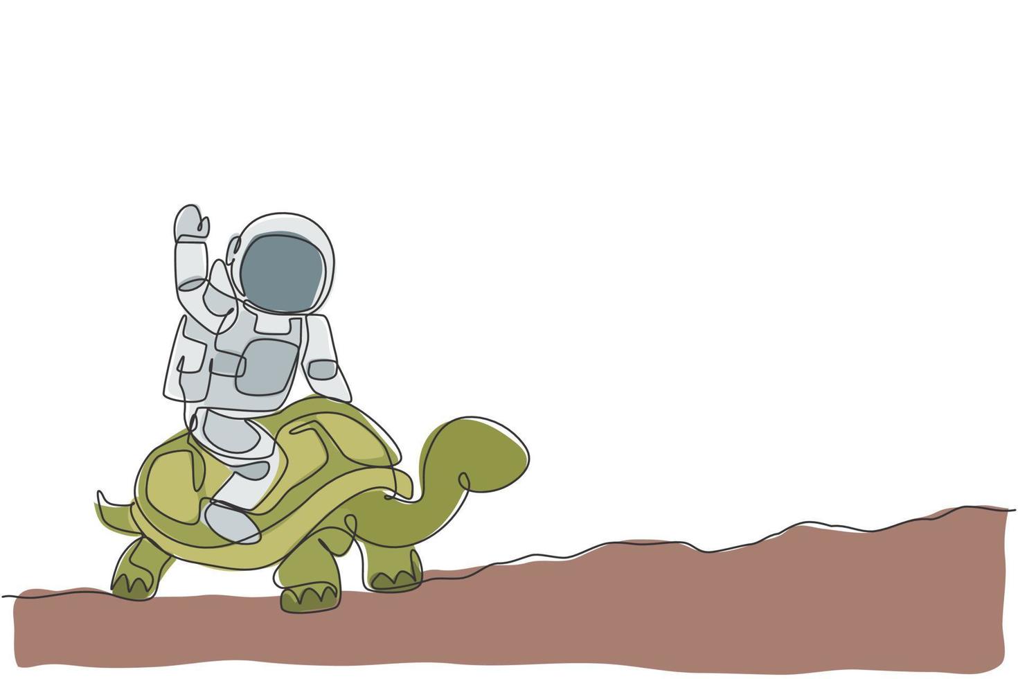 dessin au trait continu unique d'un cosmonaute avec une combinaison spatiale chevauchant une tortue et agitant la main à la surface de la lune. concept de voyage de safari d'astronaute fantastique. illustration vectorielle de conception de dessin à la mode une ligne vecteur