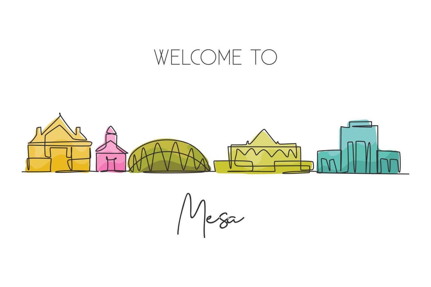 un dessin en ligne continu de mesa city skyline, arizona. monde beau tourisme de paysage et vacances de voyage pour l'impression de décoration murale. illustration vectorielle de dessin graphique à ligne unique élégante vecteur