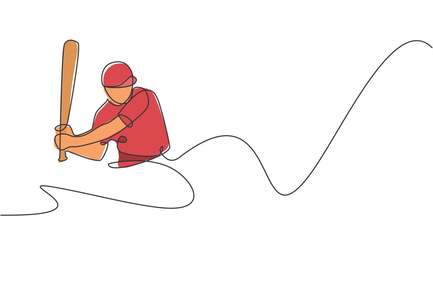un dessin en ligne continu d'un jeune joueur de baseball sportif s'entraînant à frapper la balle à l'arène. concept de sport de compétition. illustration vectorielle dynamique de conception de dessin à une seule ligne pour affiche de promotion vecteur
