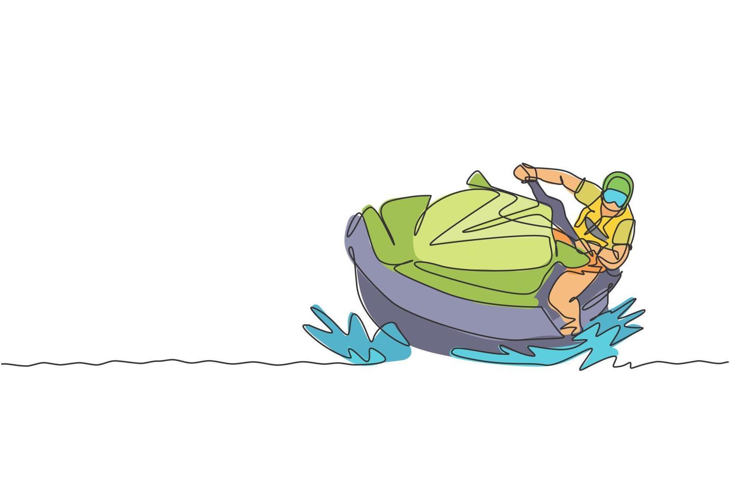 un dessin en ligne continu d'un jeune homme énergique s'amusant à jouer au jet ski dans l'océan de la mer. concept de sport de mode de vie sain. bonnes vacances touristiques. illustration vectorielle de dessin dynamique à une seule ligne vecteur