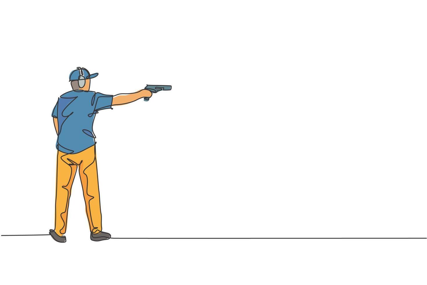 un dessin en ligne continu d'un jeune homme sur le terrain d'entraînement au tir pour la compétition avec une arme de poing pistolet. concept de sport de tir en plein air. illustration vectorielle de dessin dynamique à une seule ligne vecteur