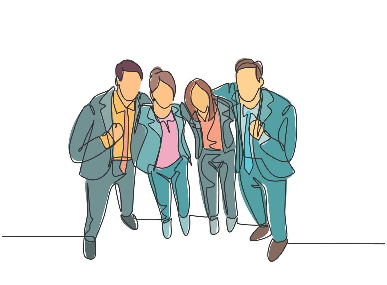 un dessin au trait continu de jeunes employés heureux, hommes et femmes, debout ensemble et posant pour s'embrasser au bureau. Concept d'amitié d'affaires ligne unique draw design vector illustration