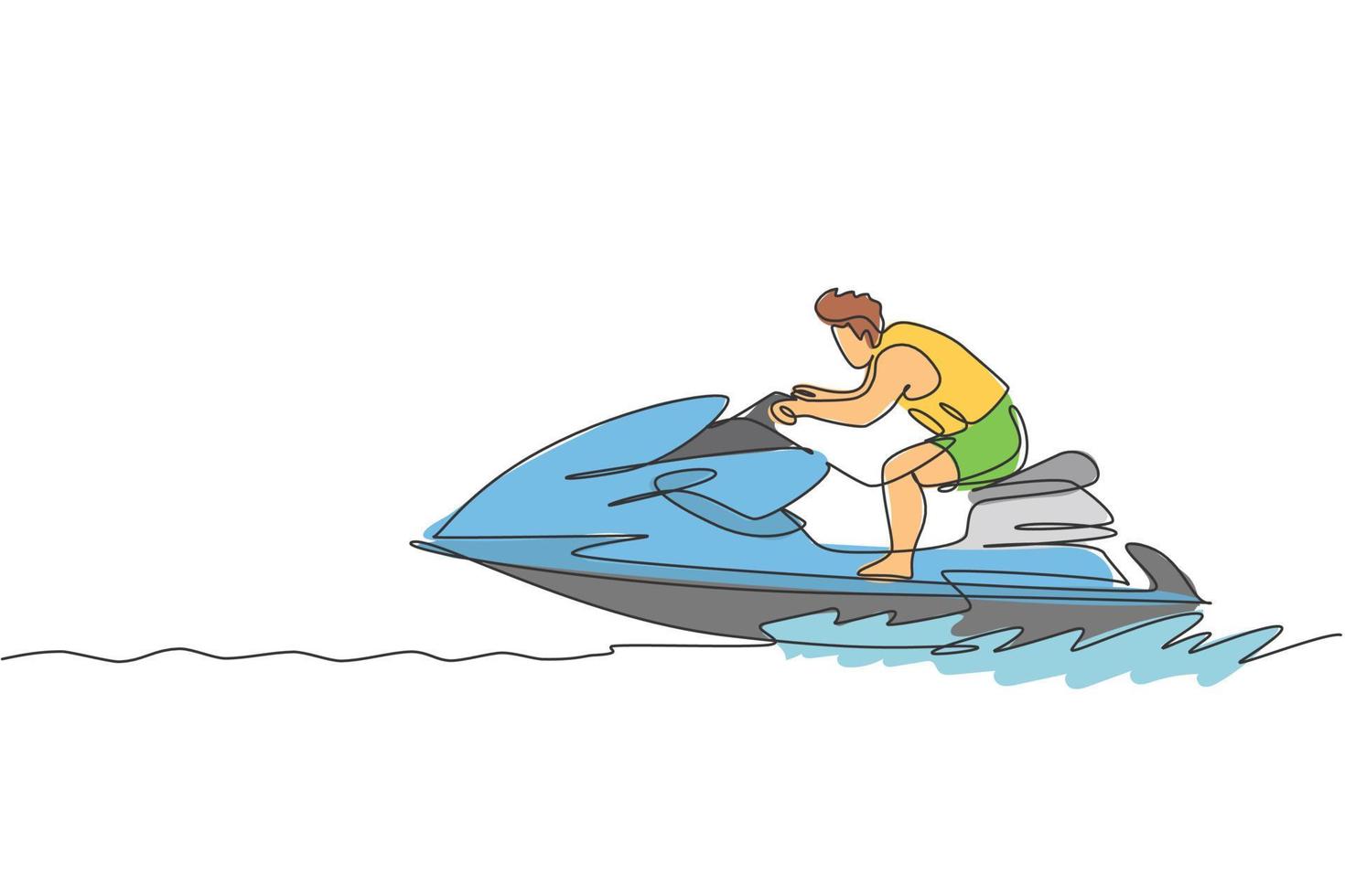 un dessin en ligne continu d'un jeune homme énergique s'amusant à jouer au jet ski dans l'océan de la mer. concept de sport de mode de vie sain. bonnes vacances touristiques. illustration vectorielle de dessin dynamique à une seule ligne vecteur