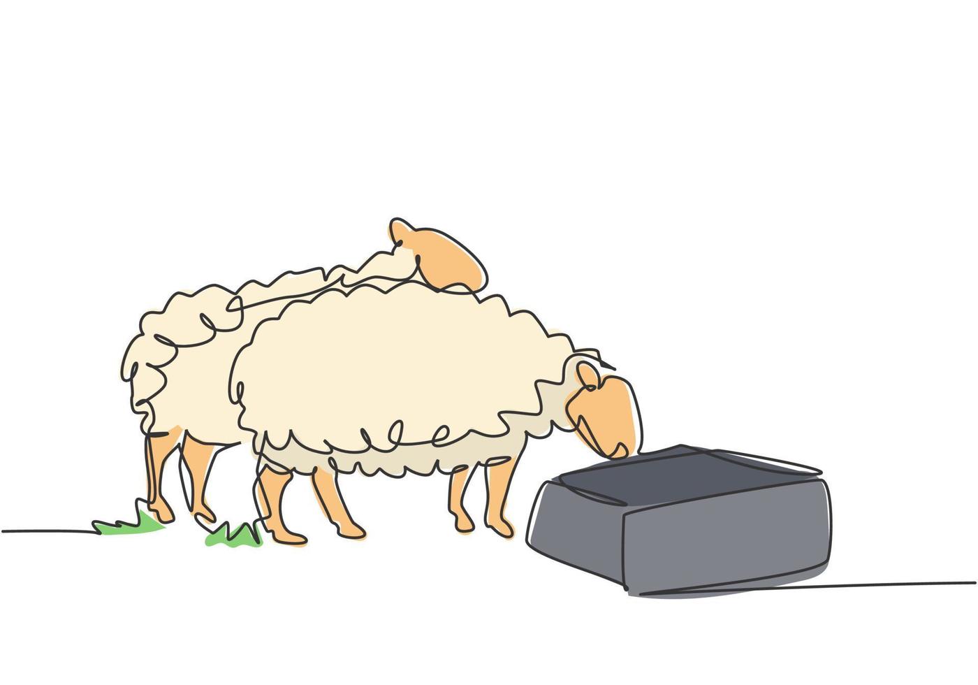 un seul dessin d'une seule ligne des moutons est nourri pour être en bonne santé et produire le meilleur lait et la meilleure viande. concept minimal de défi agricole. ligne continue moderne dessiner illustration vectorielle graphique de conception. vecteur