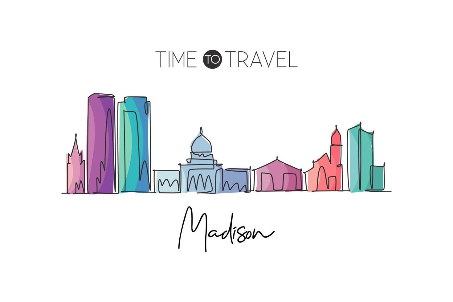 un seul dessin au trait des toits de la ville de madison, wisconsin. paysage de ville historique dans le monde. meilleure destination de vacances. trait modifiable ligne continue à la mode dessiner illustration vectorielle de conception vecteur