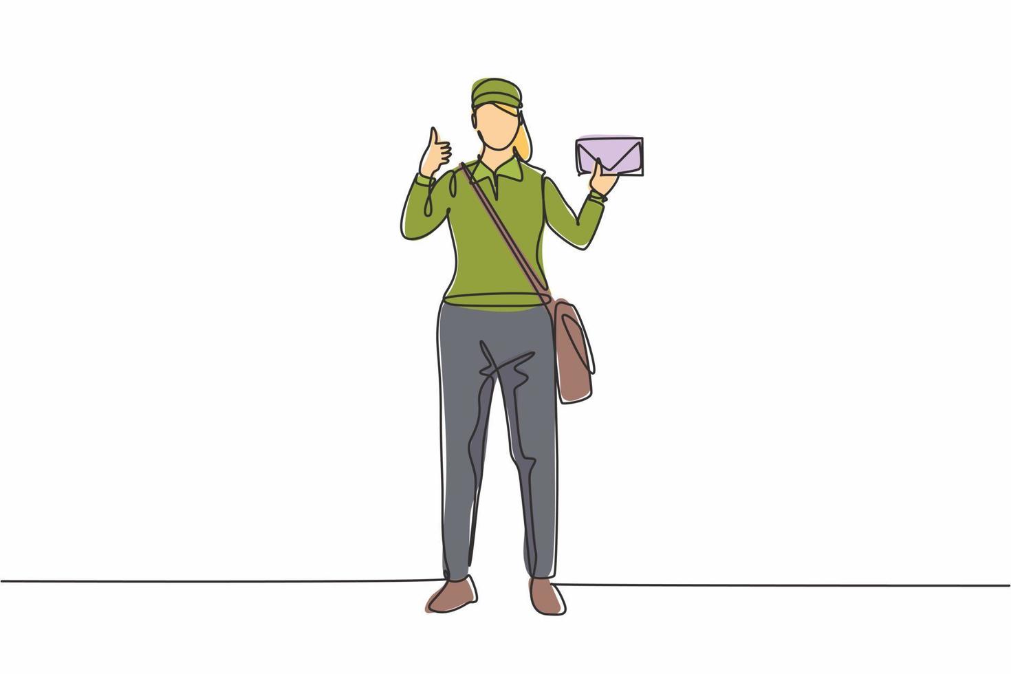 dessin d'une seule ligne d'une postière debout dans un chapeau, un sac, un uniforme, tenant une enveloppe et avec un geste du pouce levé livrant le courrier. illustration vectorielle graphique de conception de ligne continue moderne vecteur