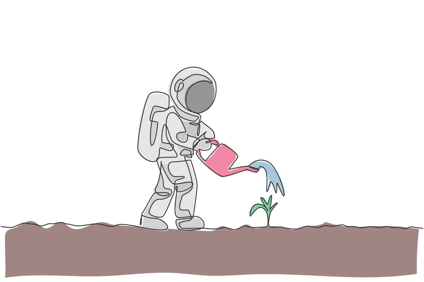 un dessin au trait continu d'un astronaute arrosant un arbre végétal à l'aide d'un arrosoir en métal à la surface de la lune. concept d'astronaute agricole dans l'espace lointain. illustration vectorielle de dessin graphique à une seule ligne dynamique vecteur
