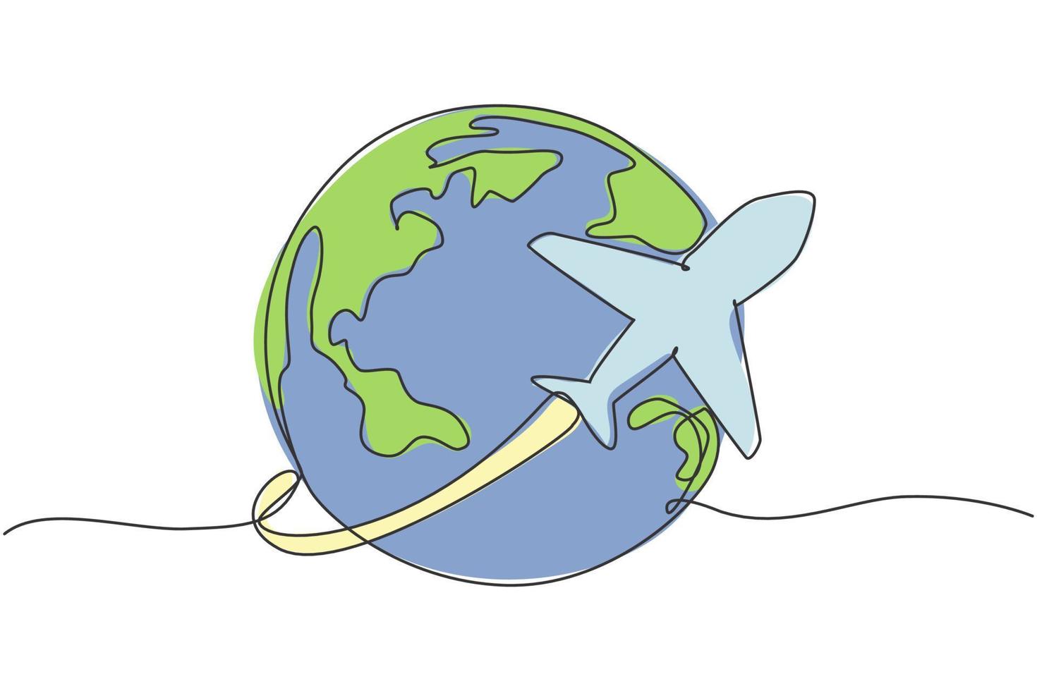 un seul dessin d'avion vole dans le ciel. silhouette d'icône de globe pour les visites et le concept de voyage. infographie, présentation d'entreprise sur fond blanc. illustration graphique de vecteur de conception