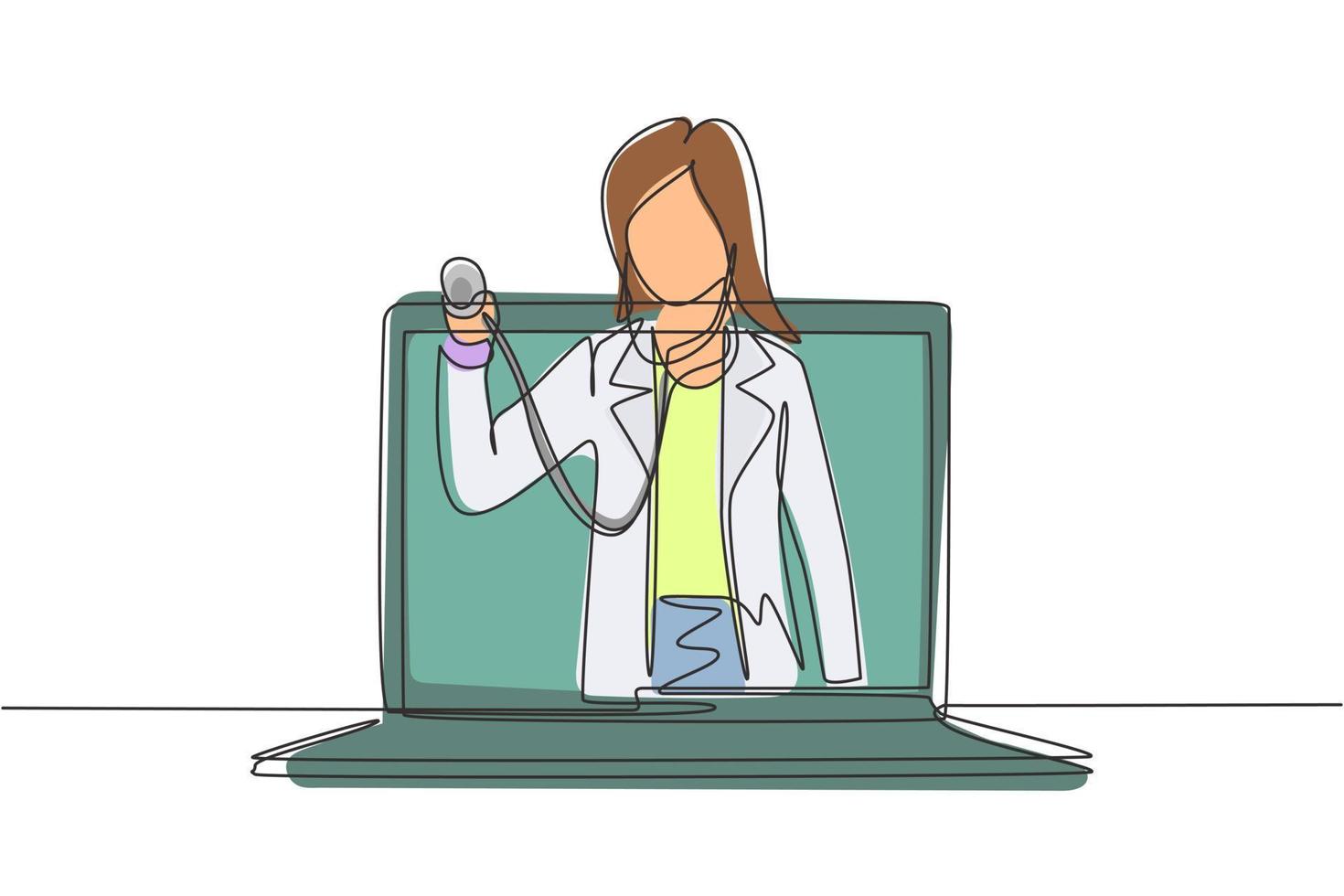 Une femme médecin en continu sort de l'écran d'un ordinateur portable tenant un stéthoscope. services médicaux en ligne, concept de consultation médicale. illustration graphique de vecteur de conception de dessin à une seule ligne
