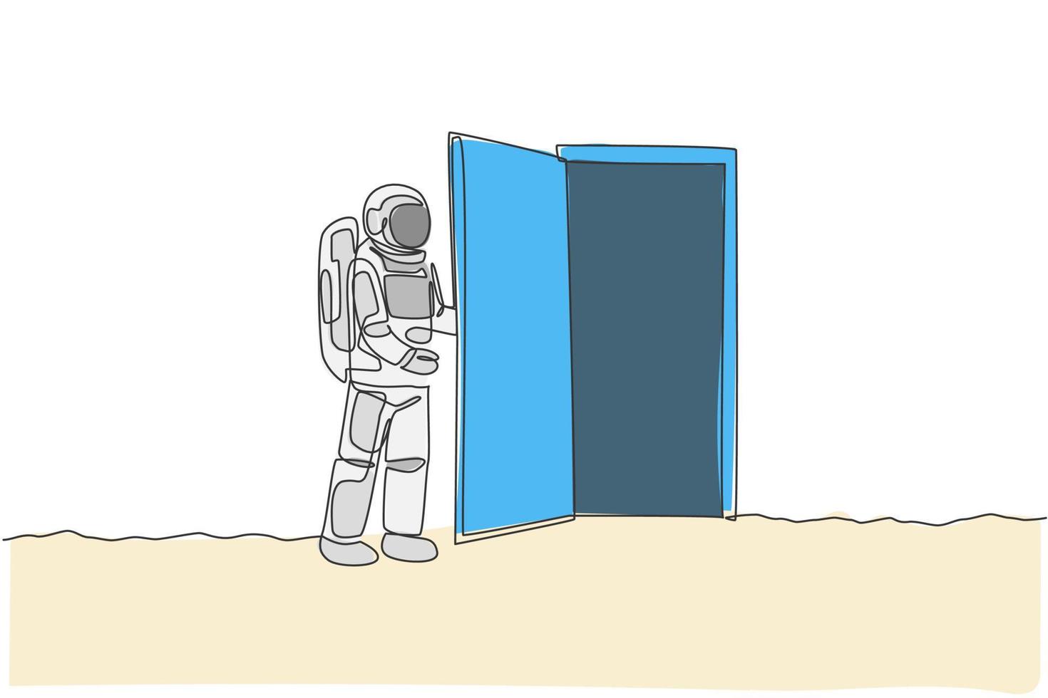 un dessin au trait continu d'un jeune astronaute ouvrant la porte de la porte dans une autre dimension de la surface de la lune. concept d'espace de galaxie cosmique. illustration graphique de vecteur de conception de dessin de ligne unique dynamique
