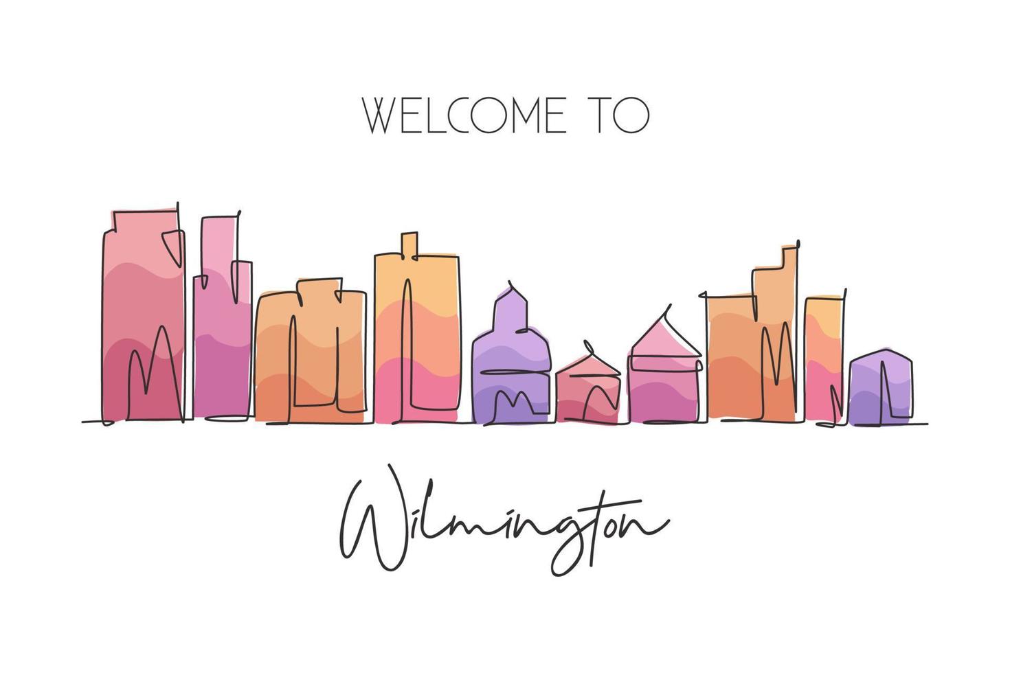 un seul dessin sur les toits de la ville de wilmington, delaware. carte postale de paysage de ville historique mondiale. meilleure destination de vacances. trait modifiable tendance ligne continue dessiner illustration vectorielle de conception vecteur