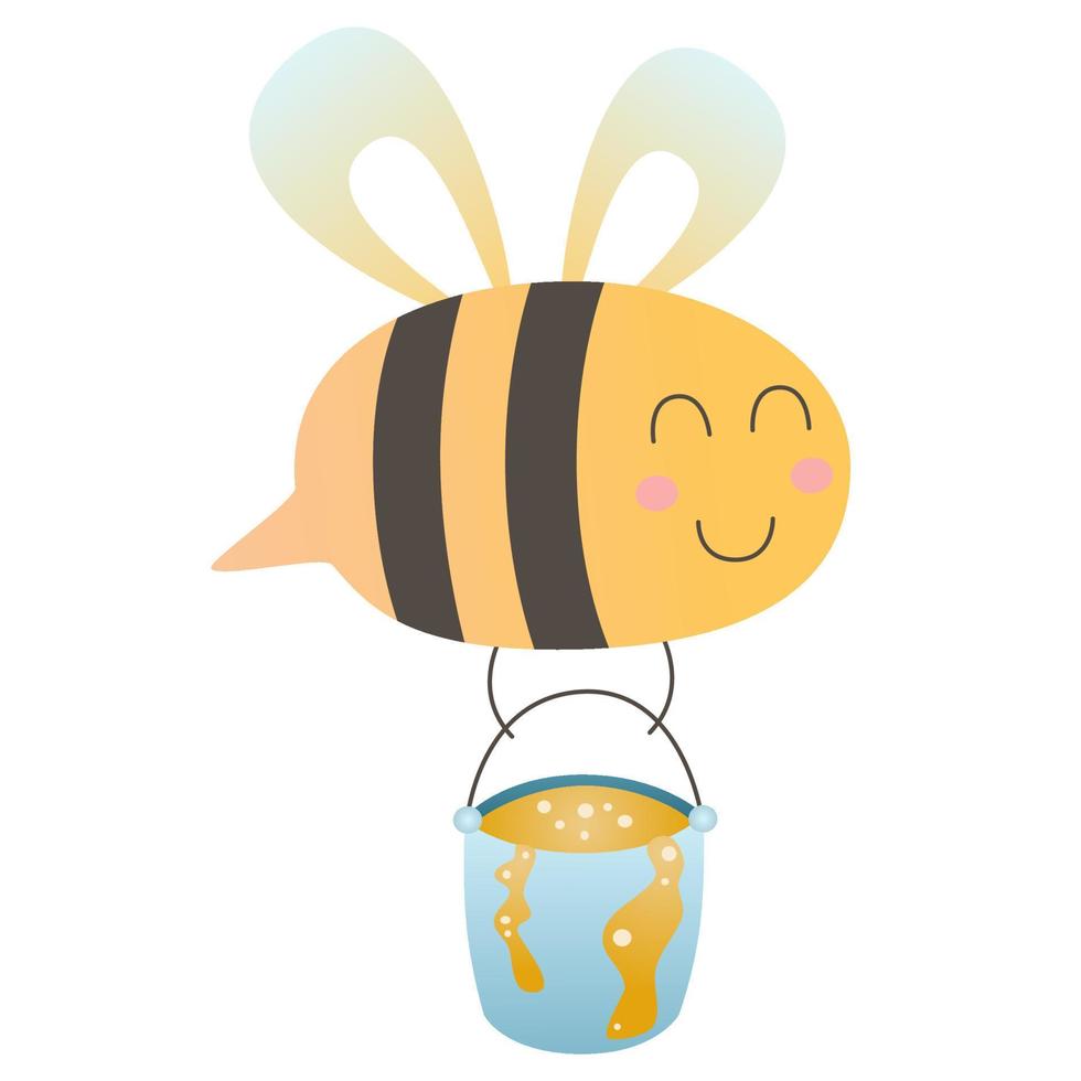 illustration de une mignonne mon chéri abeille en volant et en portant une seau de Miel. coloré enfants illustration et mignonne personnage. vecteur image sur blanc Contexte. plat conception dessin animé mignonne abeille mascotte.