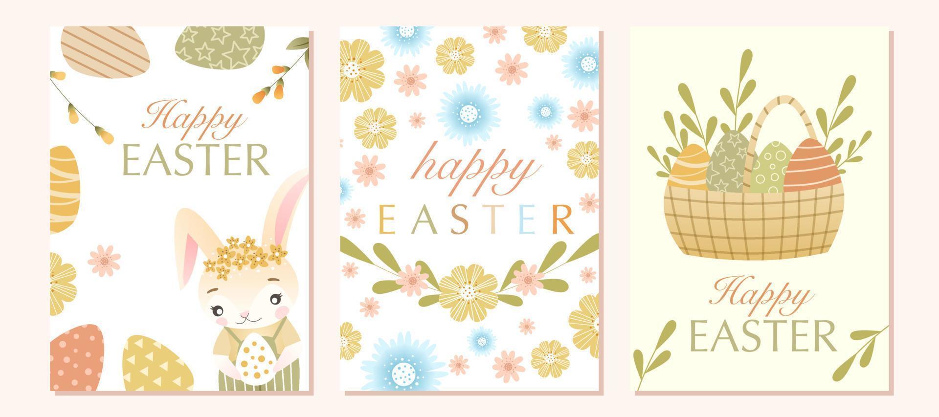 Pâques carte postale ensemble avec mignonne lapin personnage, coloré œufs, fleurs, vert feuilles et devis. bien pour printemps et Pâques salutation cartes, affiches, enfants conception et bannières. vecteur illustration.