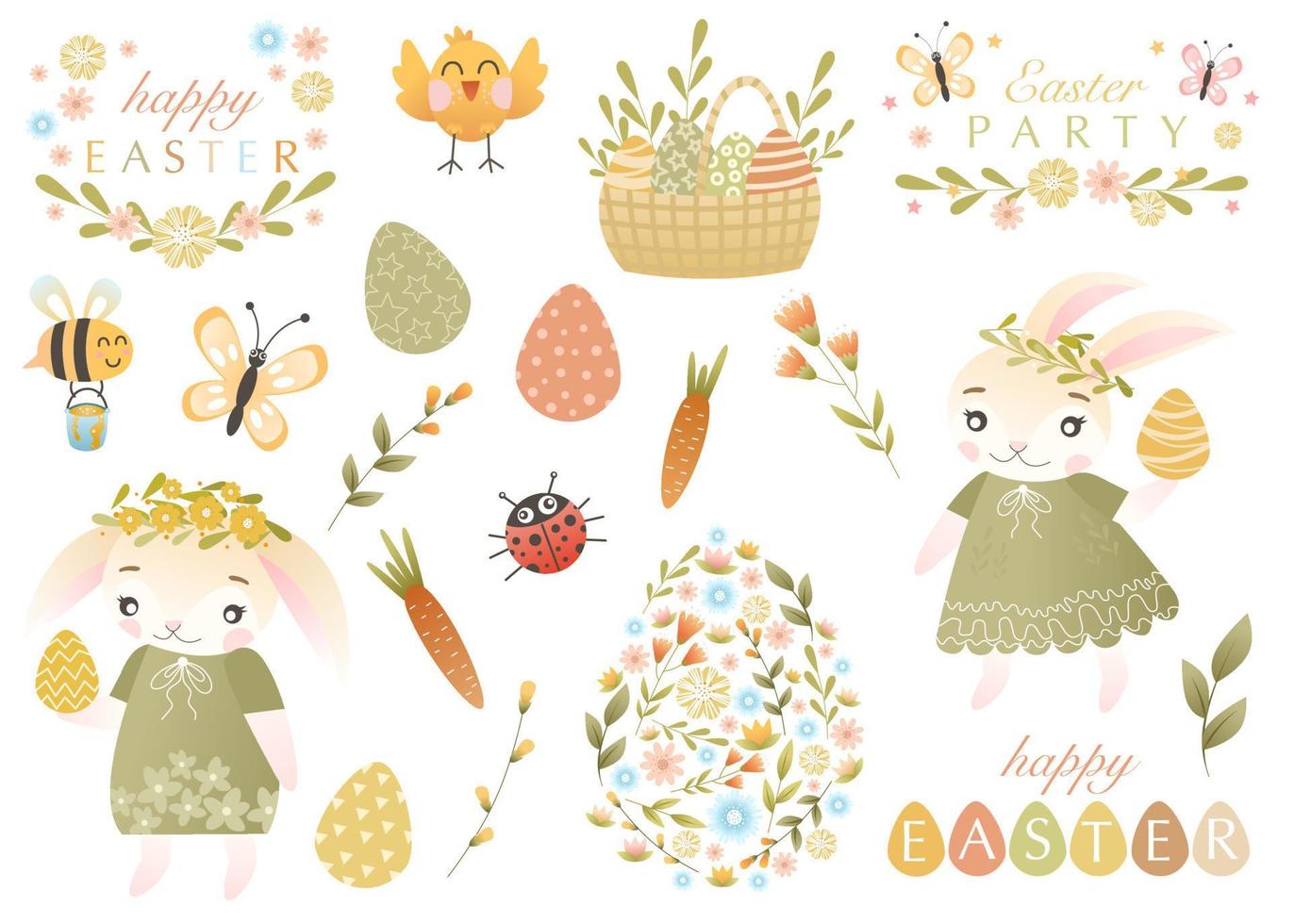 Pâques ensemble avec mignonne lapins, fleurs, devis, carotte, mon chéri abeille et coloré Pâques des œufs. parfait pour scrapbooking, autocollant trousse, Mots clés, salutation cartes, invitations. vacances vecteur illustration.