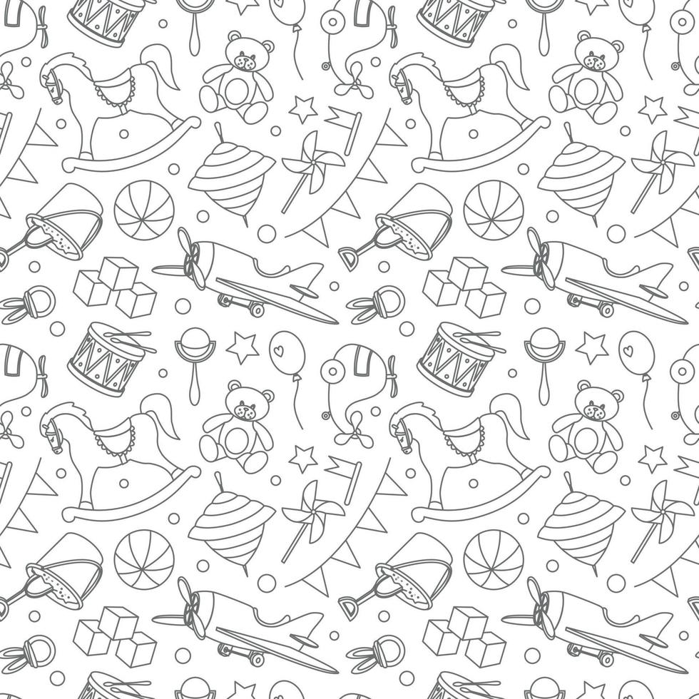 bébé jouets sans couture modèle sur isolé Contexte dans monochrome noir et blanc couleurs. main tiré contour toile de fond avec balancement cheval et nounours ours pour nouveau née douche fête ou puéril textile. vecteur