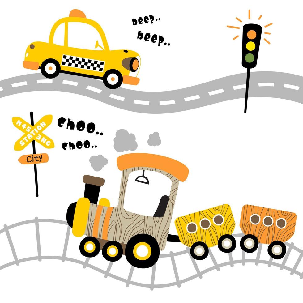 dessin animé vecteur de Taxi sur le route avec vapeur train sur chemin de fer, transport éléments