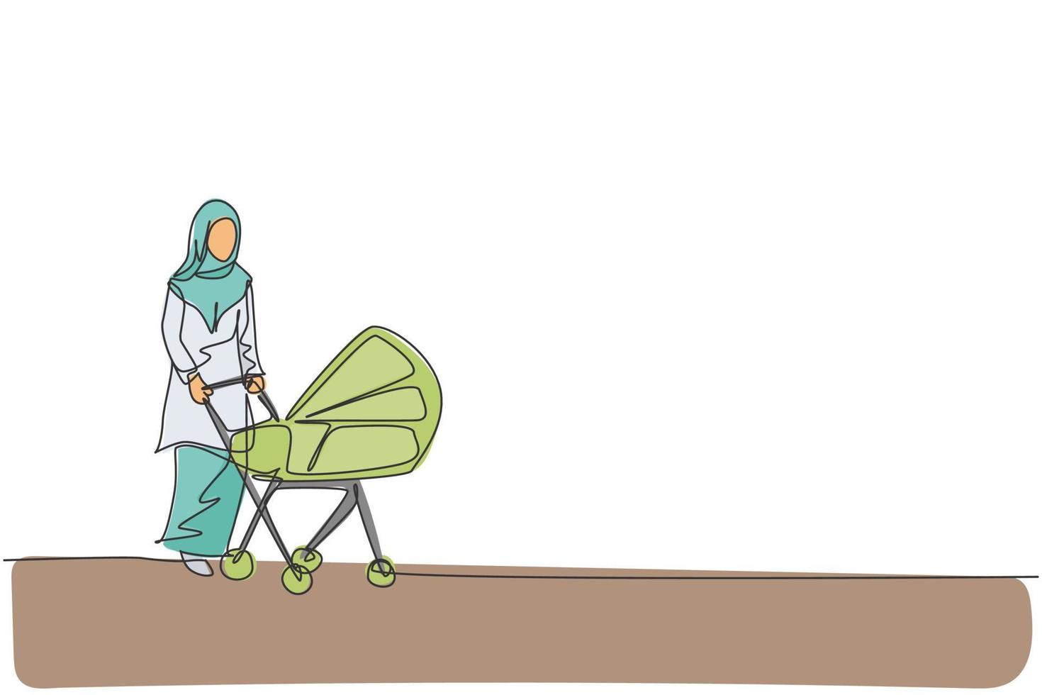 un dessin au trait continu d'une jeune mère arabe poussant un chariot pour bébé dans un parc extérieur. concept de parentalité de famille aimante musulmane islamique heureuse. illustration vectorielle de dessin dynamique à une seule ligne vecteur