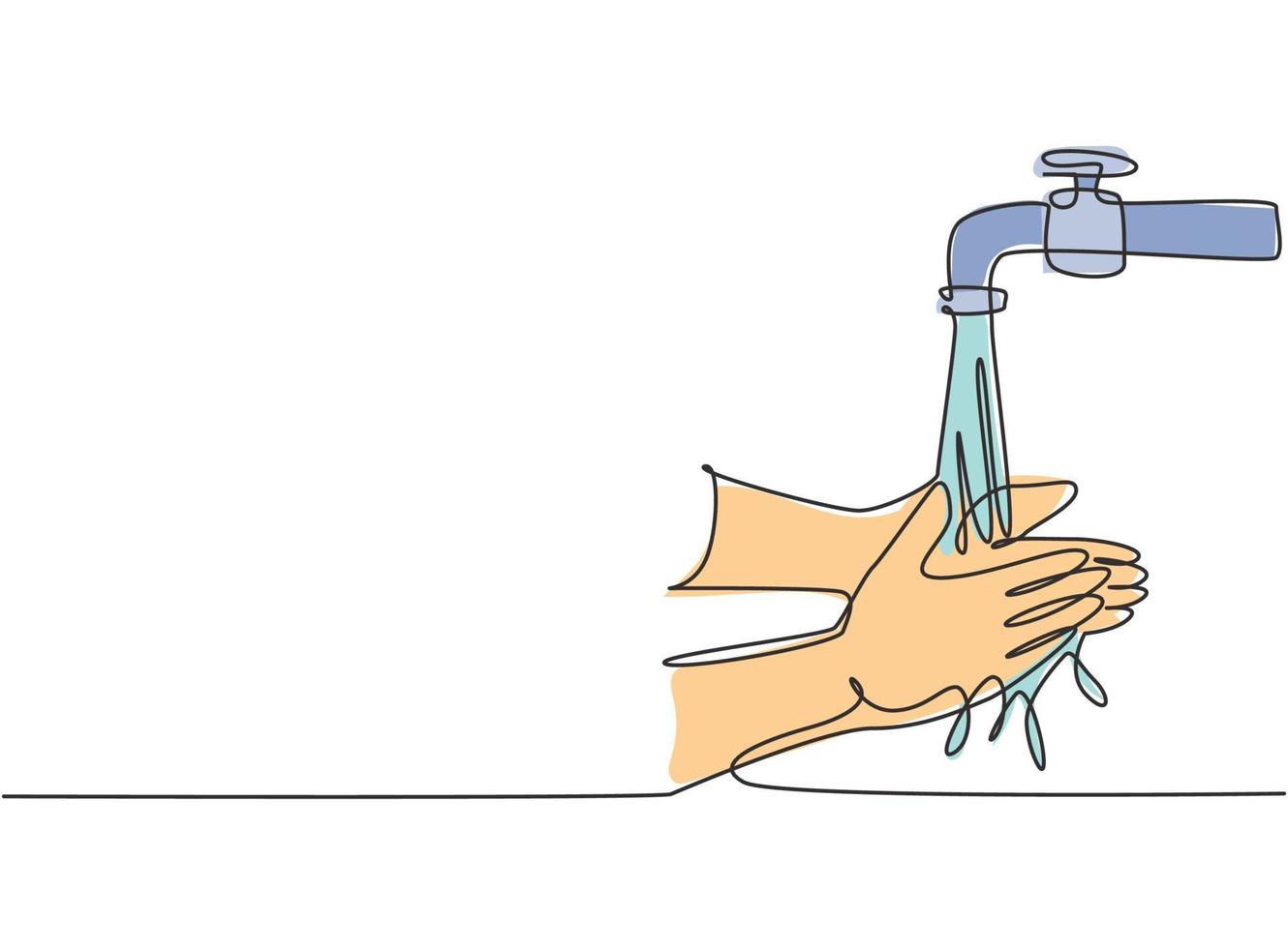 dessin continu d'une ligne de lavage des mains avec de l'eau propre renversée du robinet pour protéger les mains contre les germes, les bactéries, les virus. eau qui coule. illustration graphique de vecteur de conception de dessin à une seule ligne