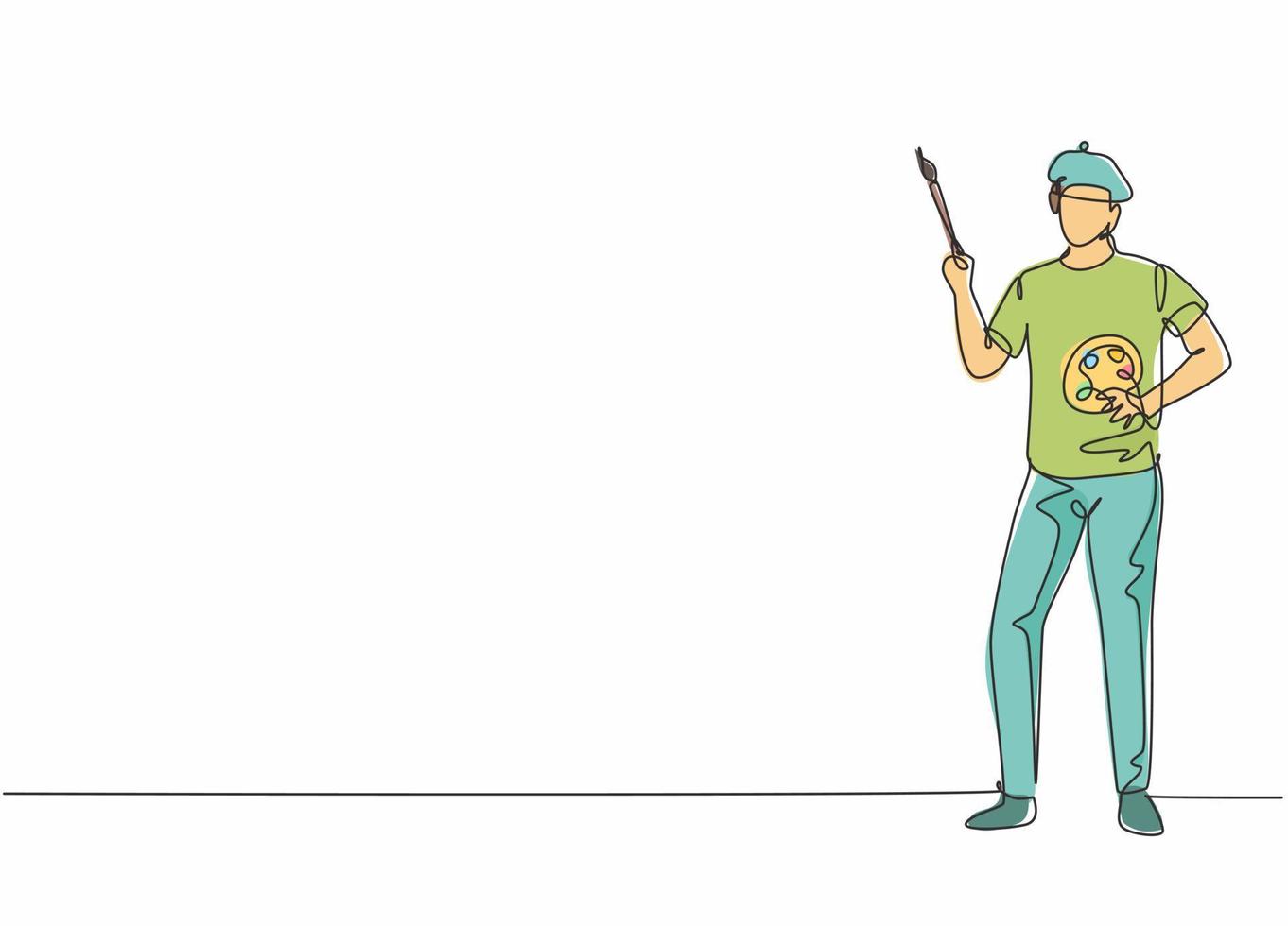 un seul dessin au trait d'un jeune homme peintre pose debout et tenant un pinceau. profession de travail professionnel et concept minimal d'occupation. illustration vectorielle graphique de conception de dessin de ligne continue vecteur