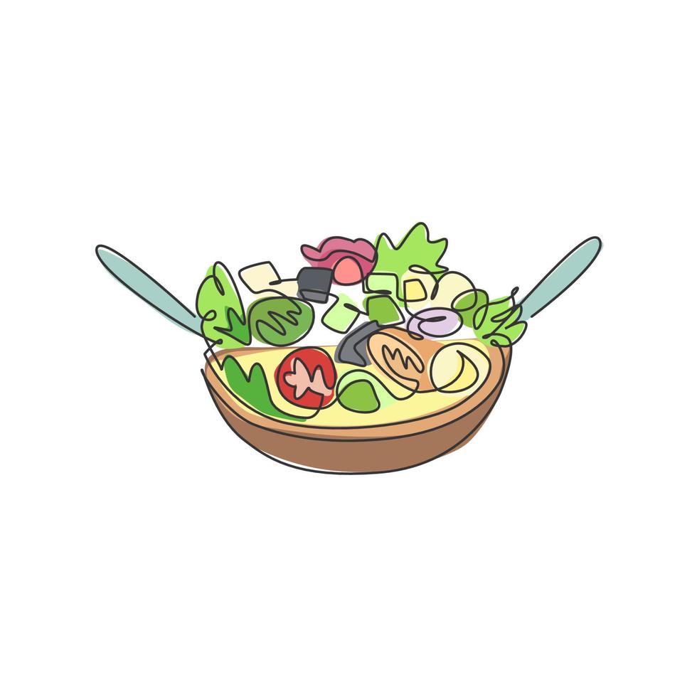 un seul dessin au trait d'illustration vectorielle de logo de salade bio fraîche. menu de café végétalien sain et concept de badge de restaurant. logotype de nourriture de rue de conception de ligne continue moderne vecteur