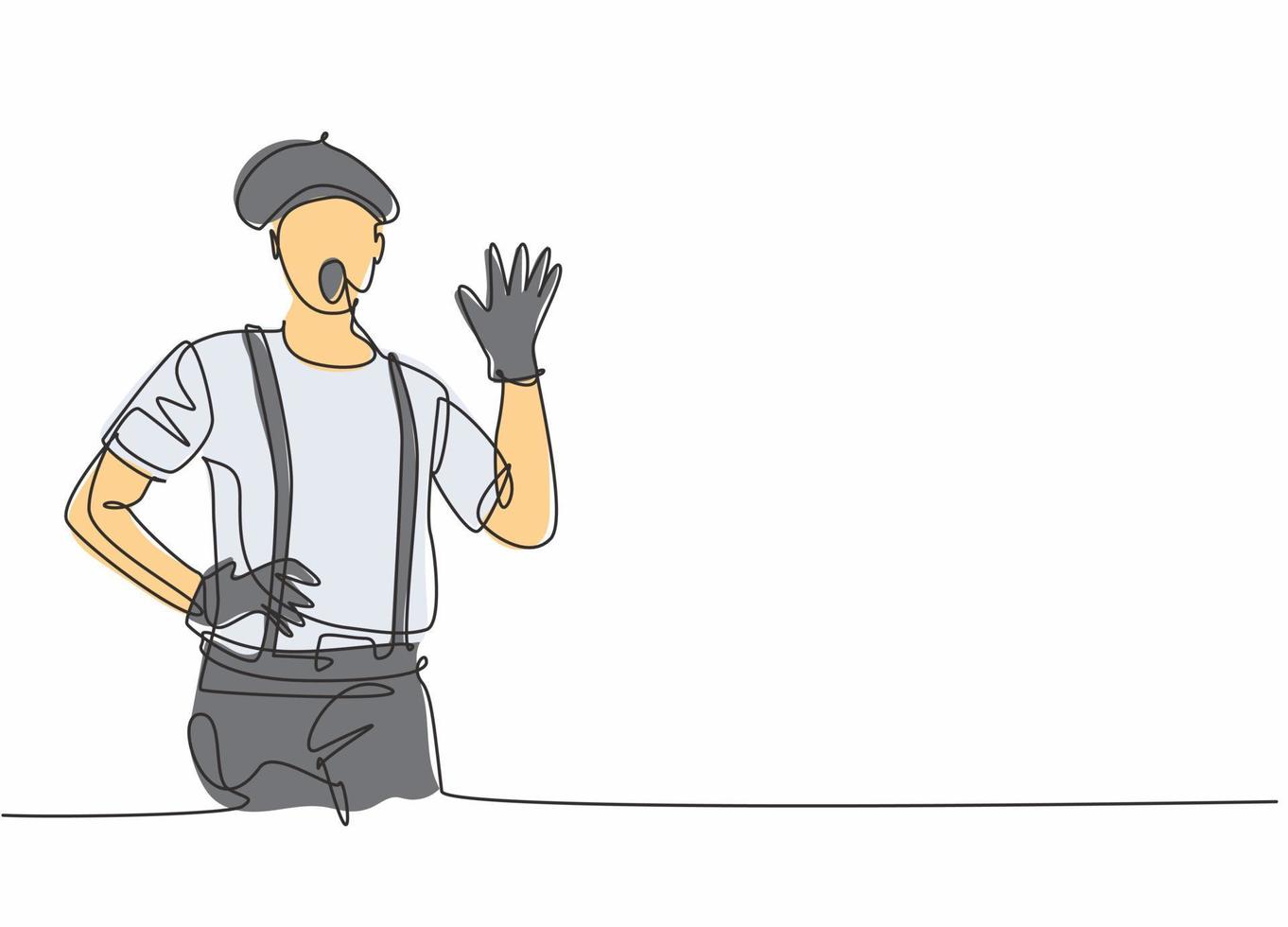 dessin continu d'une ligne d'un jeune artiste mime masculin faisant un geste de la main pour divertir le public. concept minimaliste de profession d'emploi professionnel. illustration graphique de vecteur de conception de dessin à une seule ligne