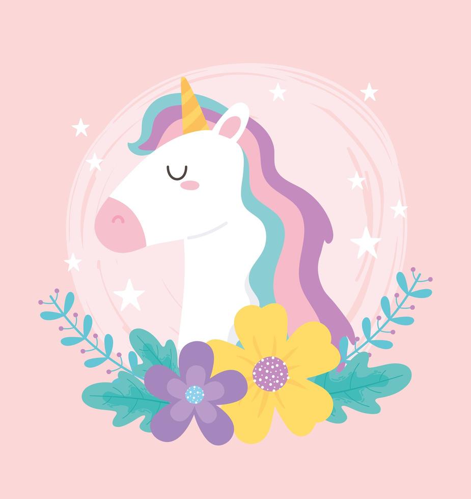 Licorne magique de dessin animé mignon avec des fleurs vecteur