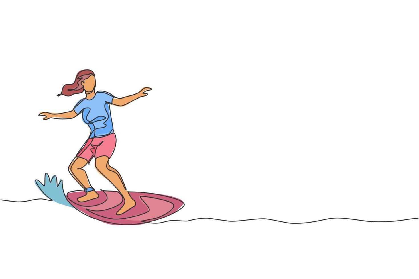 une ligne continue dessinant un jeune surfeur touristique heureux exerçant le surf sur l'océan ondulé. concept de sports nautiques extrêmes sains. vacances d'été. illustration graphique vectorielle de conception de dessin à une seule ligne dynamique vecteur