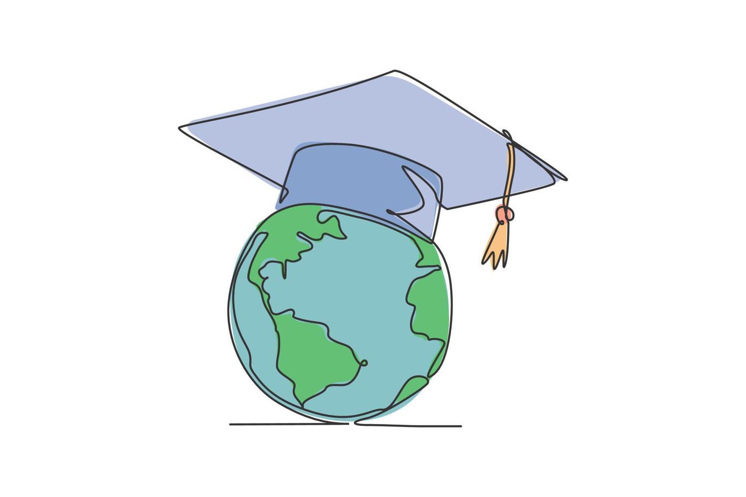 chapeau de graduation sur le globe terrestre. icône graphique de diplôme mondial à ligne continue unique. une ligne dessiner doodle pour le concept d'éducation. illustration vectorielle isolé design minimaliste sur fond blanc vecteur