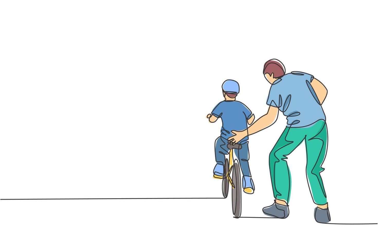 dessin au trait continu unique d'un jeune fils apprenant à faire du vélo avec son père dans un parc extérieur. leçon de parentalité. concept de temps en famille. Une ligne à la mode dessiner illustration vectorielle design graphique vecteur