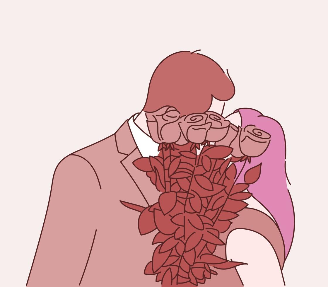 amour, rencontres, romance, relation, convivialité, concept de couple. le couple s'embrasse et se couvre le visage d'un bouquet. vecteur