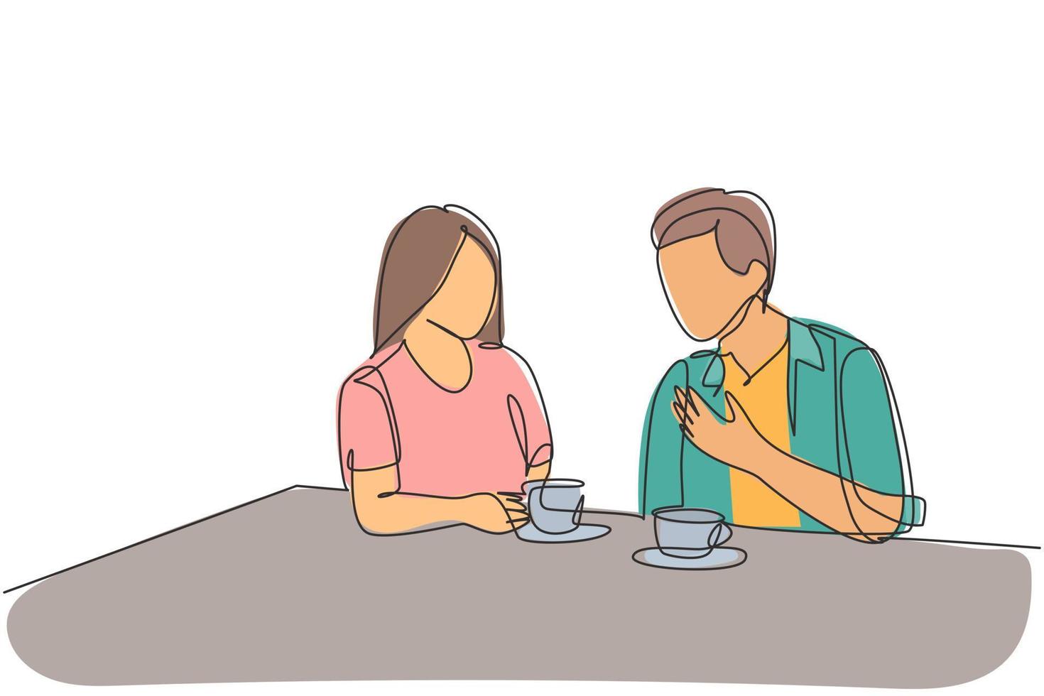 dessin au trait continu unique d'un jeune couple heureux d'hommes et de femmes faisant un rendez-vous romantique et un dîner ensemble au café. concept de vie de mariage. Une ligne dessiner illustration graphique vectorielle de conception vecteur