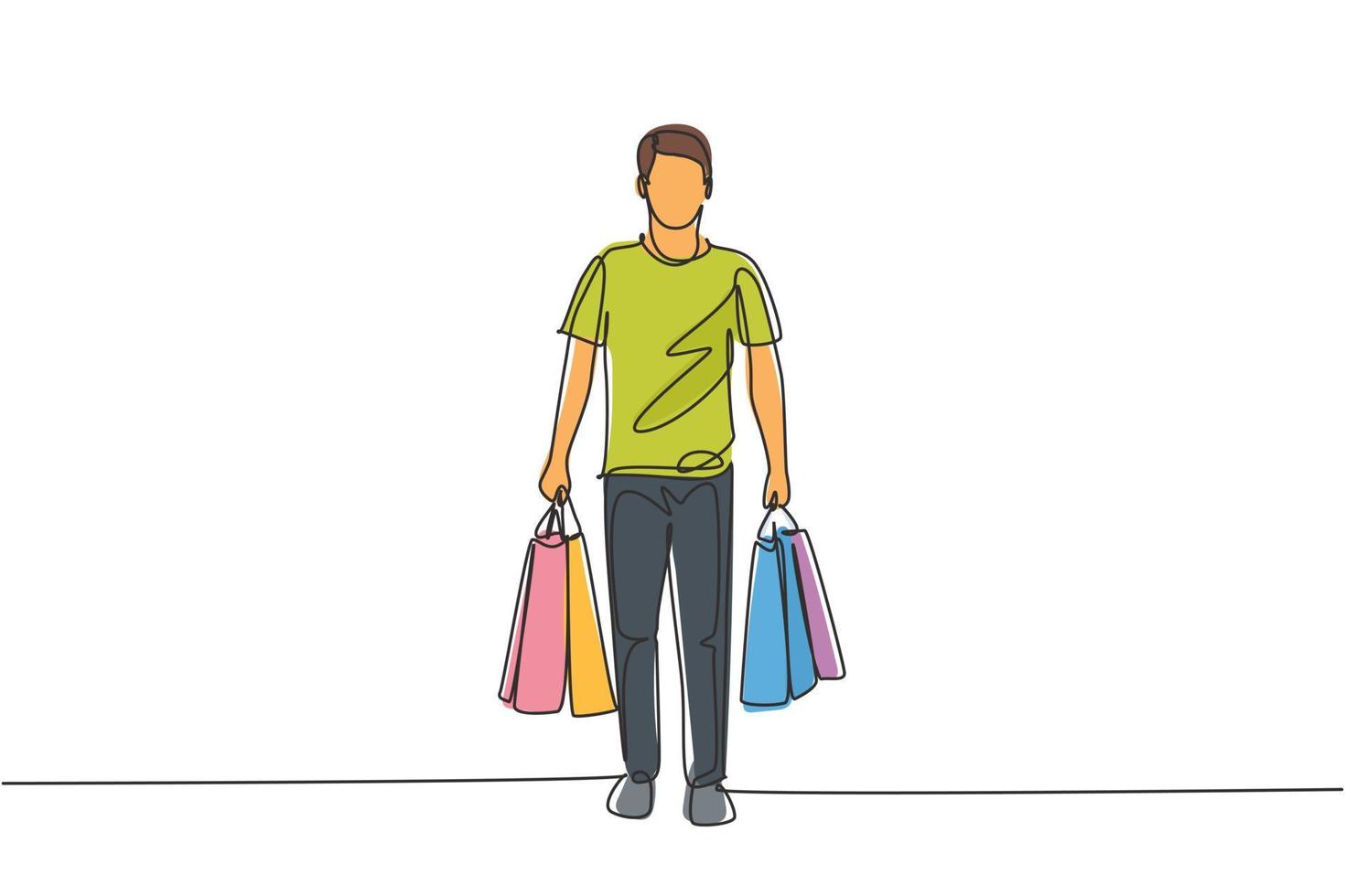 dessin au trait continu simple jeune homme heureux marchant et tenant des sacs en papier après avoir acheté des besoins personnels au centre commercial. concept de magasinage d'affaires. une ligne dessiner vector illustration de conception graphique