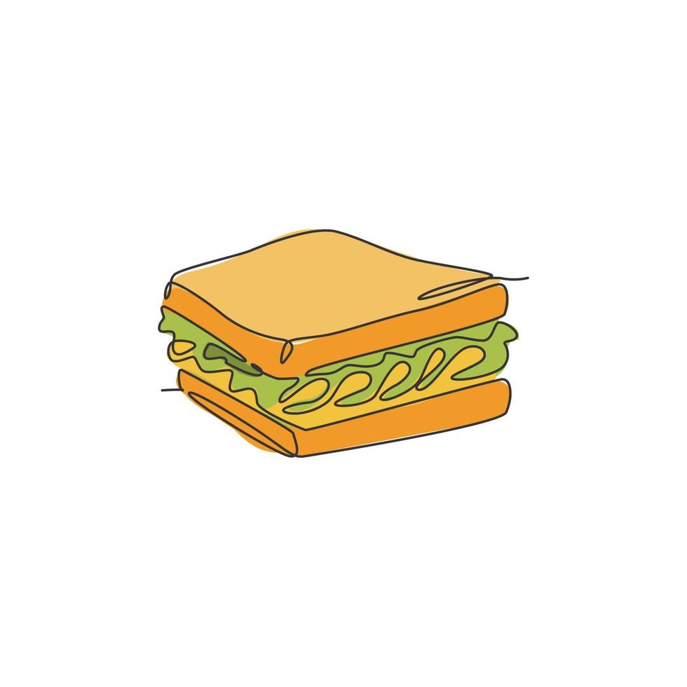 un dessin en ligne continu de l'insigne du logo du restaurant sandwich américain délicieux frais. concept de modèle de logo de boutique de café de restauration rapide. illustration graphique vectorielle de conception de dessin à une seule ligne moderne vecteur