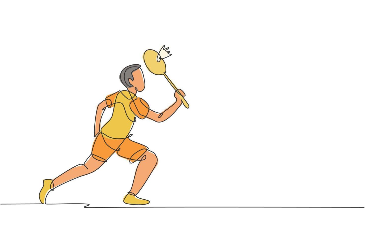 le dessin en ligne continue d'un jeune joueur de badminton agile prend un coup de l'adversaire. concept d'entraînement sportif. illustration vectorielle de dessin à la mode sur une ligne pour la publication du tournoi de badminton vecteur