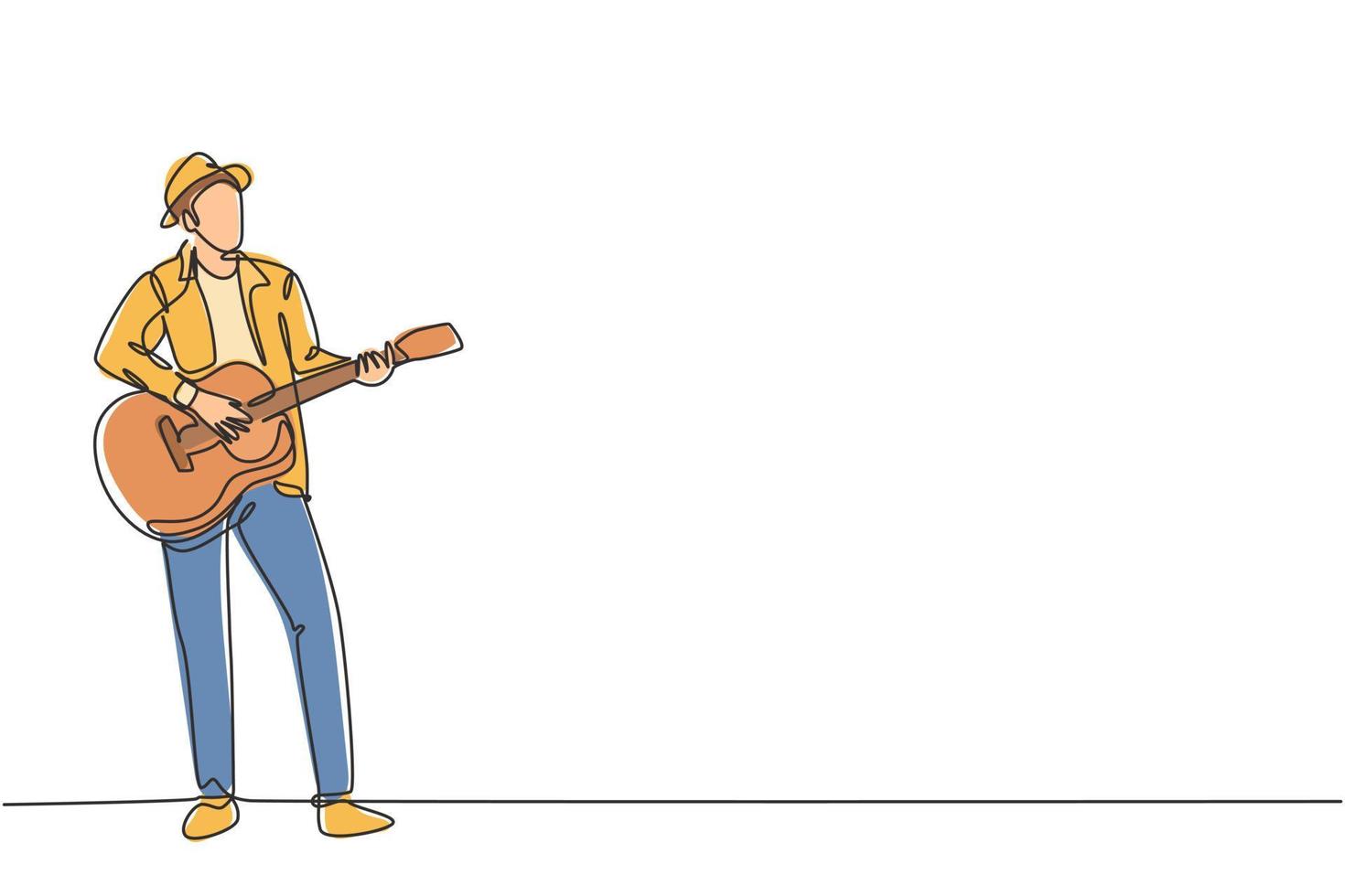 un dessin au trait continu d'un jeune guitariste masculin heureux portant un chapeau et jouant de la guitare acoustique sur la route de la rue. Concept de performance d'artiste musicien à la mode ligne unique dessiner illustration vectorielle de conception vecteur