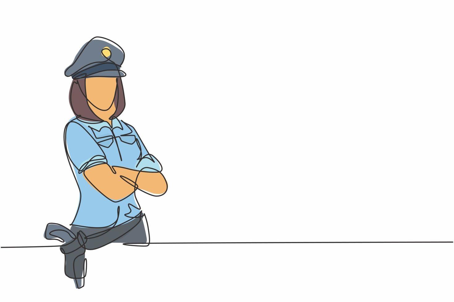 dessin au trait continu unique d'une jeune femme de police de beauté en uniforme posant les bras croisés sur la poitrine. travail professionnel emploi emploi. concept de minimalisme une ligne dessiner illustration vectorielle de conception graphique vecteur