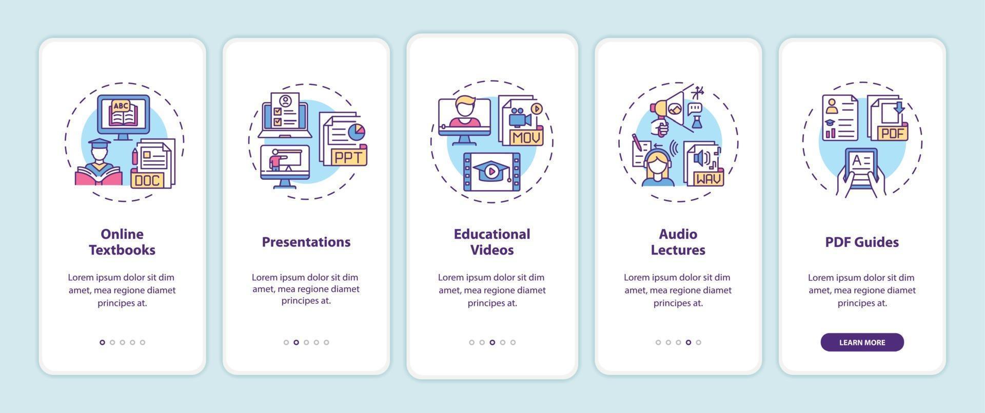 Enseignement en ligne de ressources numériques d'intégration de l'écran de la page de l'application mobile avec des concepts vecteur