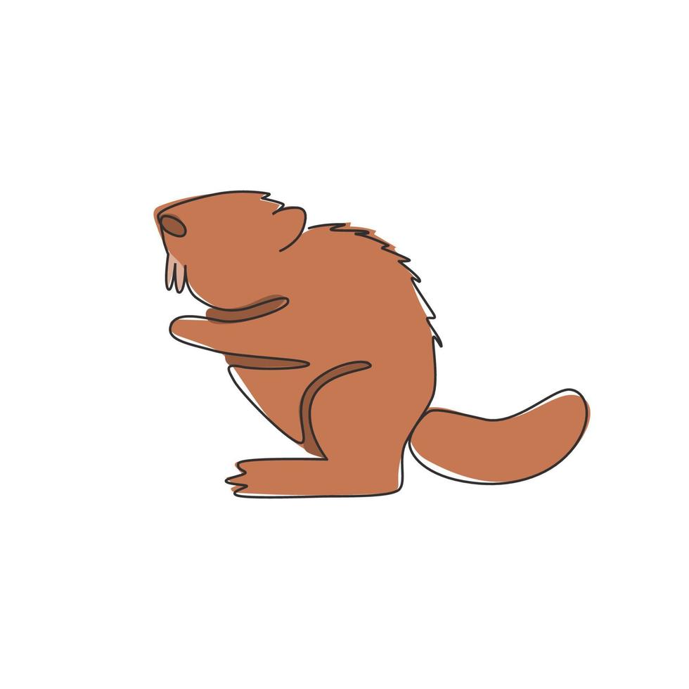 un dessin au trait continu d'un mignon castor debout pour l'identité du logo. concept de mascotte animal mammifère adorable drôle pour l'icône du parc national. Illustration graphique de vecteur de dessin de ligne unique moderne