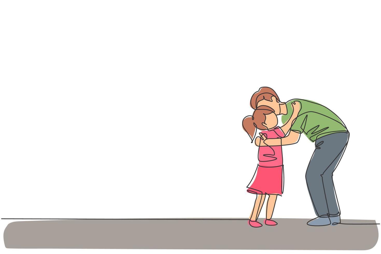 un dessin au trait continu d'un jeune papa heureux embrassant sa fille pleine de chaleur avant d'aller à l'école le matin. concept de parentalité familiale. illustration vectorielle de dessin dynamique à une seule ligne vecteur