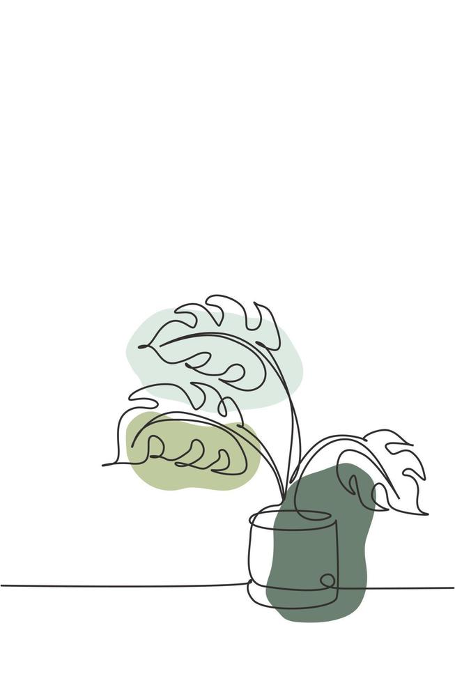 un seul dessin de feuille de monstera en illustration vectorielle de pot. feuilles tropicales style minimaliste, concept de motif floral pour affiche, impression de décoration murale. conception de dessin graphique en ligne continue moderne vecteur