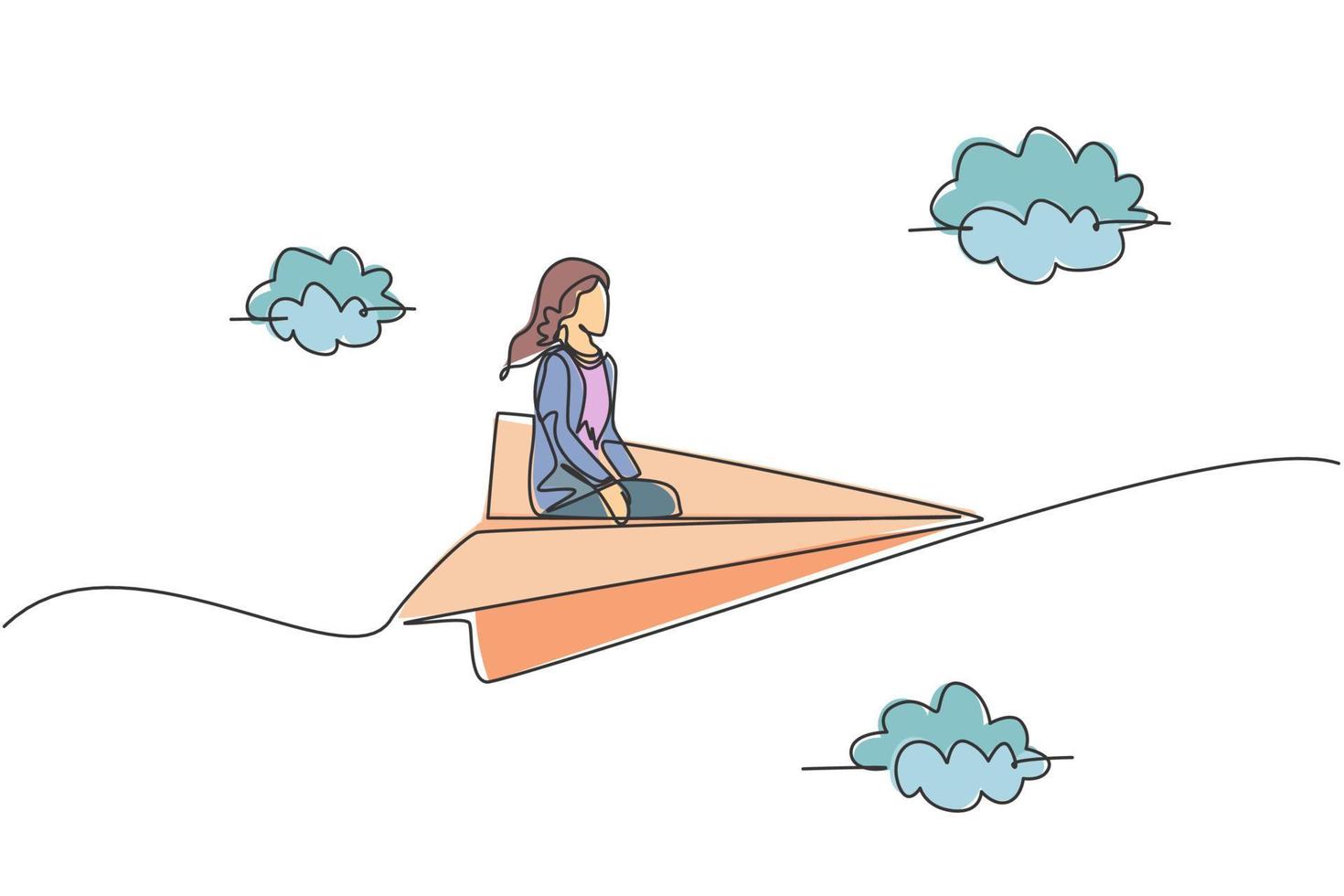 un seul dessin d'une jeune femme d'affaires se détend sur un avion en papier pour faire un voyage d'affaires. objectif commercial. concept minimal de métaphore. illustration vectorielle graphique de conception de ligne continue moderne vecteur