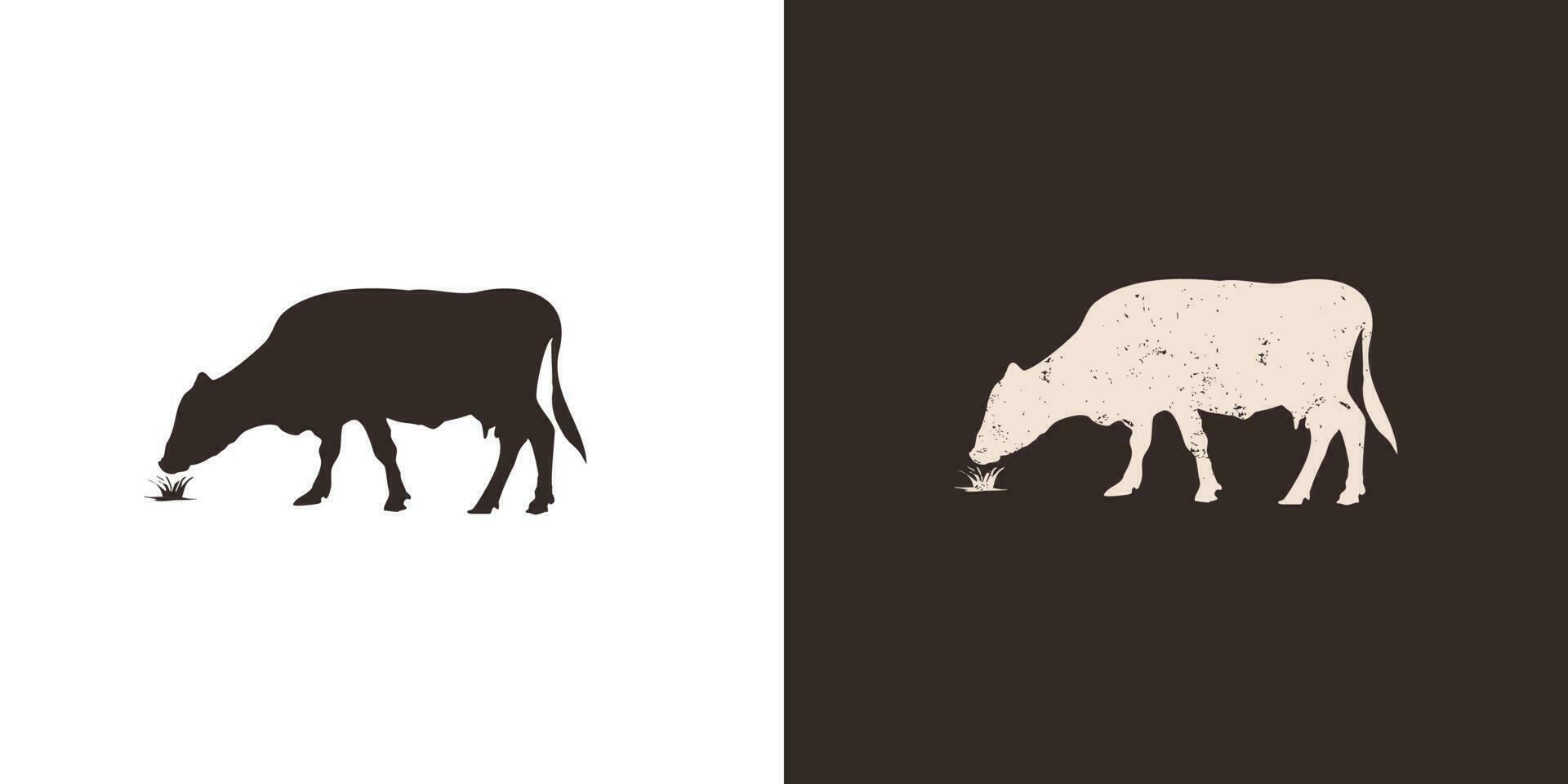 silhouette illustration de une vache en mangeant herbe. grunge vecteur