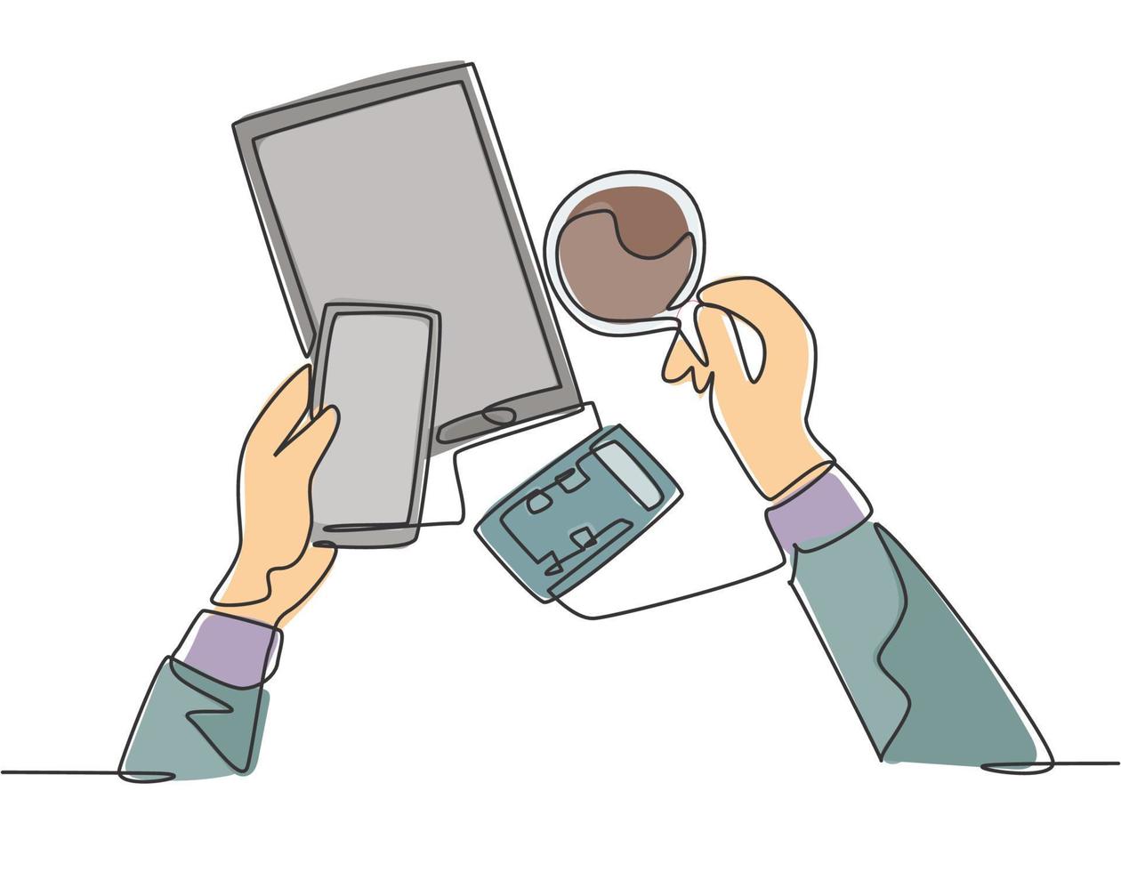 dessin au trait continu unique de la main tenant le smartphone et une tasse de café à côté de la calculatrice et de la tablette sur le bureau. concept d'équipement de bureau. Une ligne moderne dessiner illustration graphique vectorielle de conception vecteur