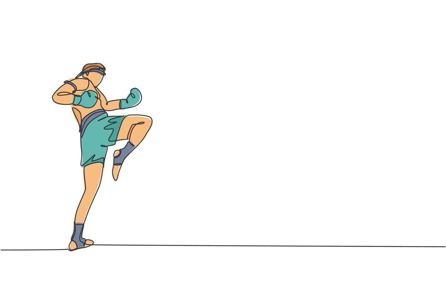 dessin en ligne continue d'un jeune homme sportif s'entraînant à la boxe thaïlandaise au centre du club de gym. concept de sport muay thai combatif. événement de compétition. illustration vectorielle de conception de dessin à une ligne à la mode vecteur