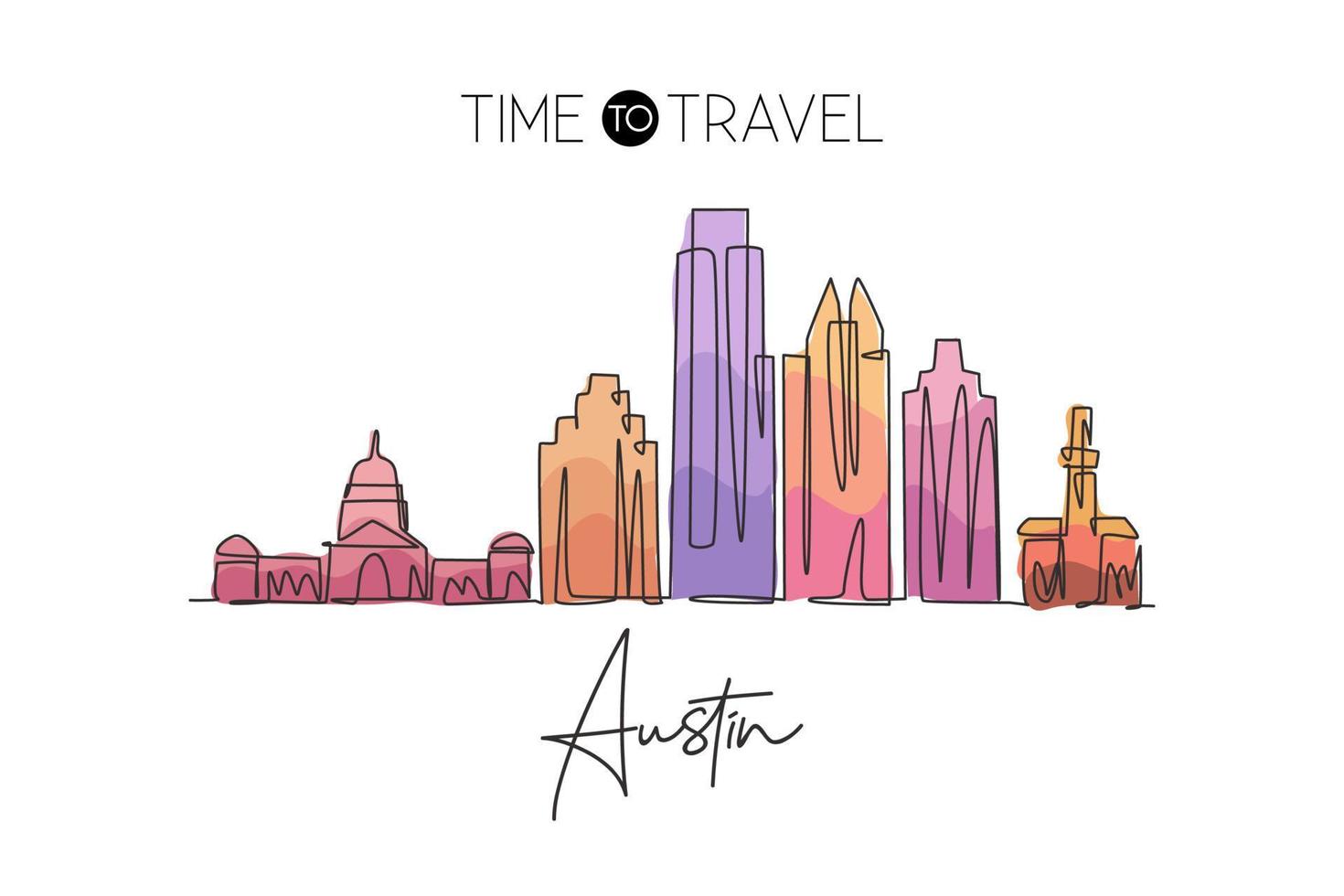 dessin en ligne continue unique de l'horizon de la ville d'austin, états-unis. célèbre grattoir et paysage de la ville. concept de voyage dans le monde décor à la maison affiche d'art mural impression. illustration vectorielle de dessin à une ligne moderne vecteur