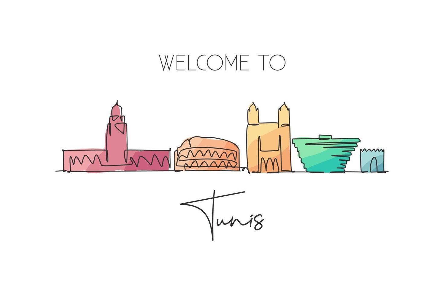 dessin en ligne continue unique des toits de la ville de tunis, tunisie. Grattoir de la ville célèbre et décoration murale de la maison du paysage. concept de voyage mondial. illustration vectorielle de dessin à une ligne moderne vecteur